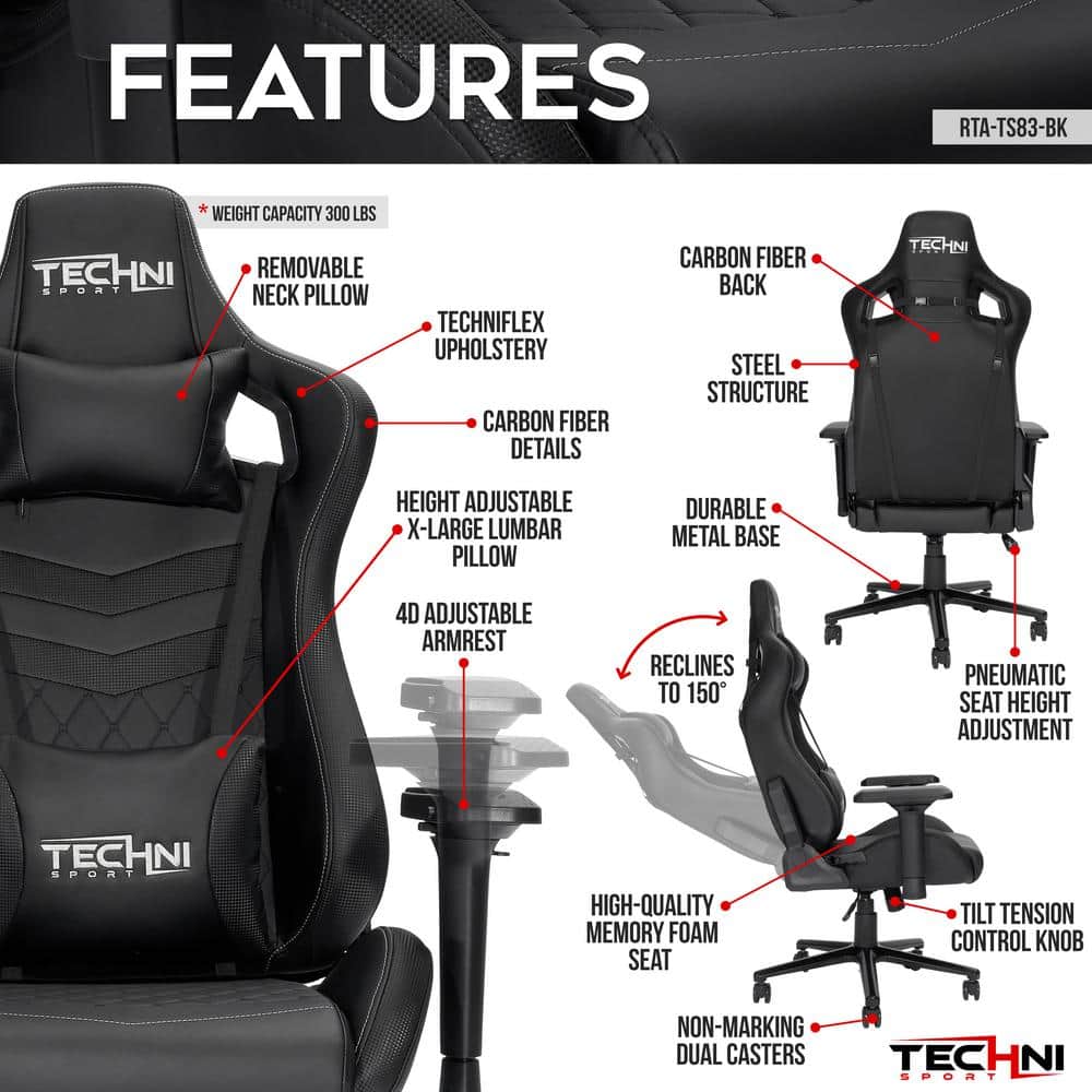 Black Ergonomic Steel Gaming Chair with Adjustable Armrests