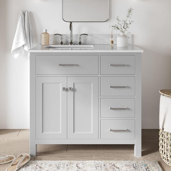 ARIEL Bristol 37 in. W x 22 in. D x 35.25 in. H Freestanding Bath Vanity in Grey with White Marble Top