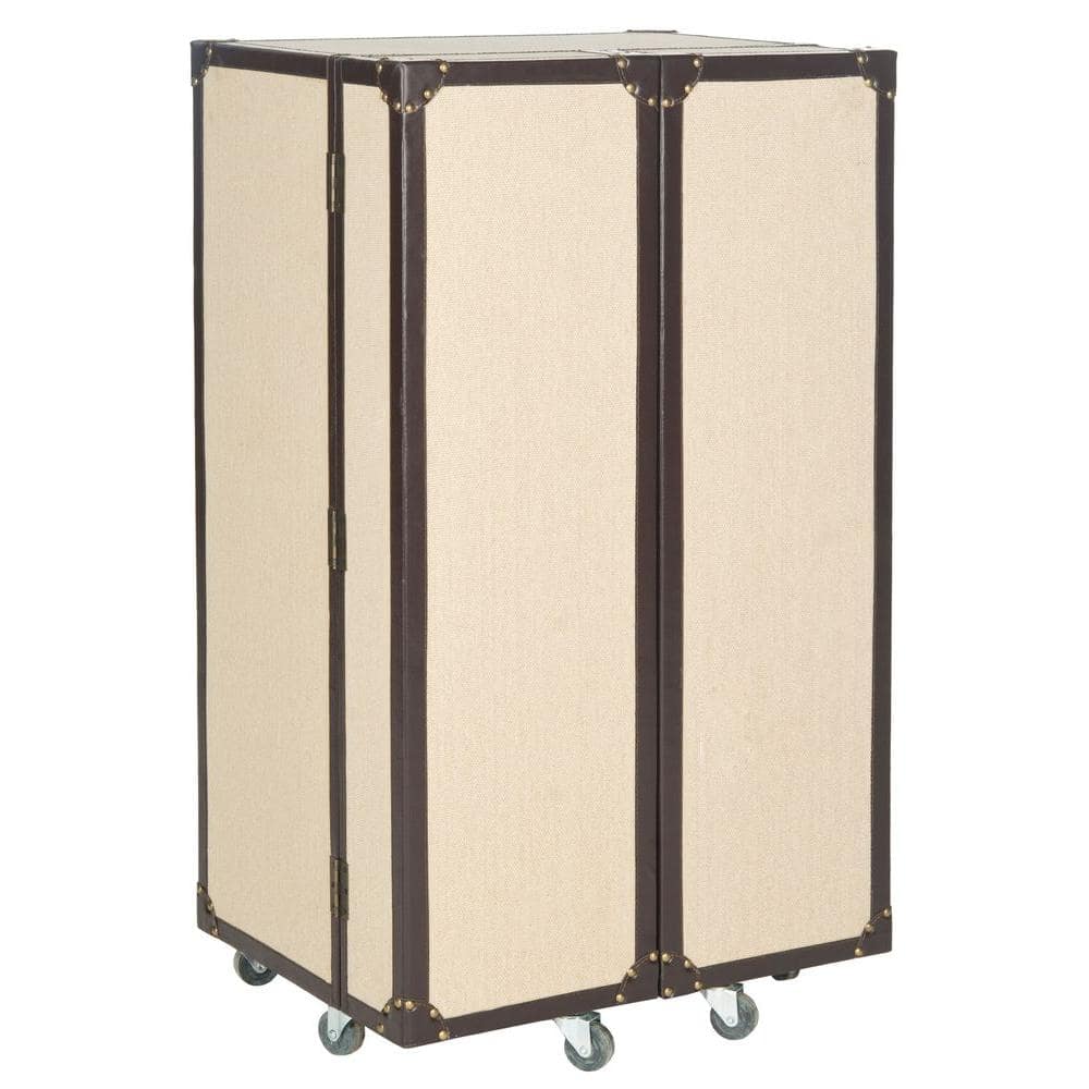 Beige Linen and Vegan Leather Industrial Beverage Cabinet
