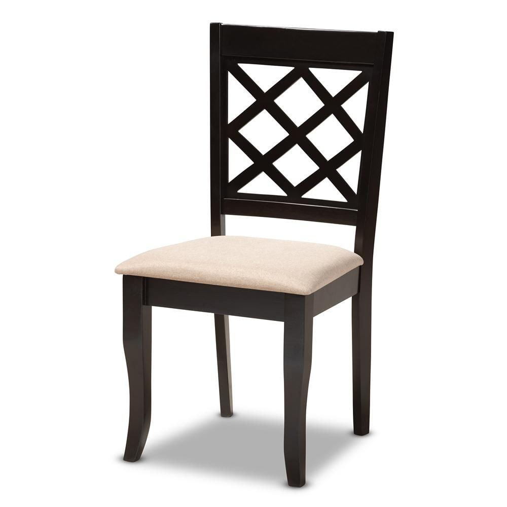 Espresso Brown Oak Wood & Sand Linen Upholstered Parsons Side Chair