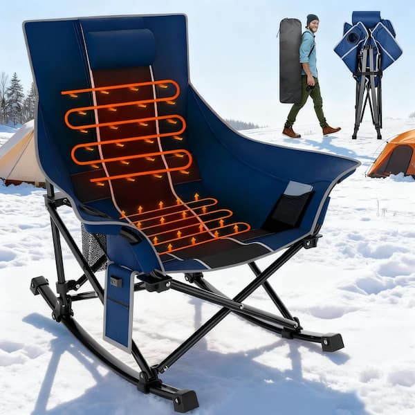 SEEUTEK Outdoor Patio Oversized Foldable Heated Rocking Camping Blue and Black Chair With Metal Frame