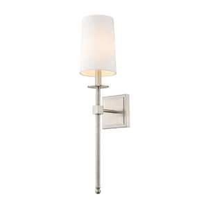 1-Light Brushed Nickel Wall Sconce with White Fabric Shade