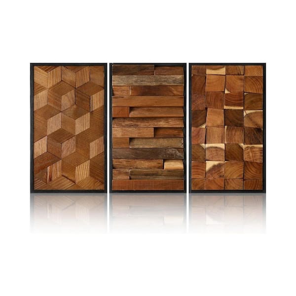 (3-Piece) 14 in. x 8 in. Brown Geometric by Abstract Framed Wooden Wall Art