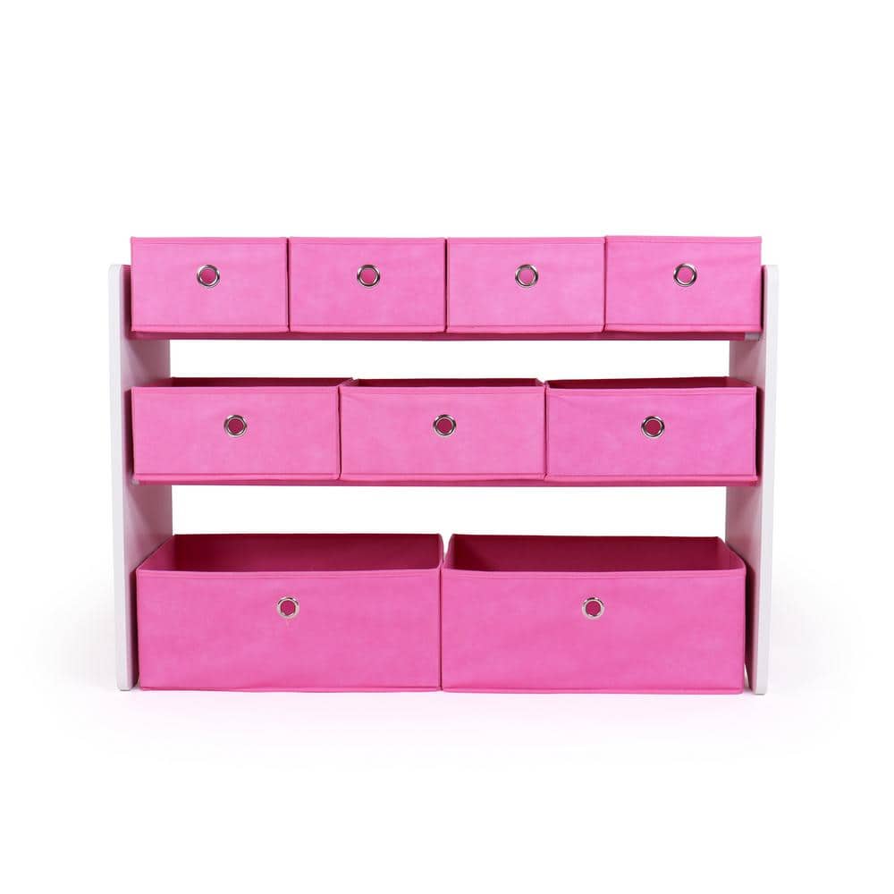 White and Pink 3-Tier Kids Storage Organizer with Fabric Bins