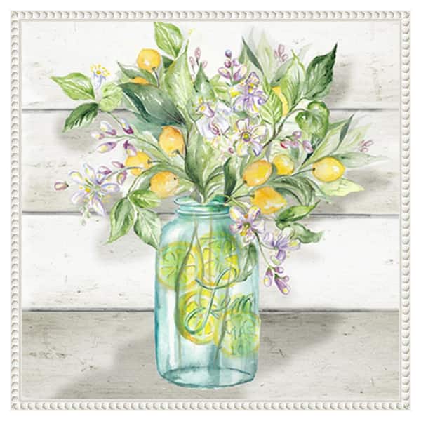 Amanti Art Watercolor Lemons in Mason Jar Shiplap by Tre Sorelle Studios 22 in. W x 22 in. H. Canvas Wall Art Print Framed in White