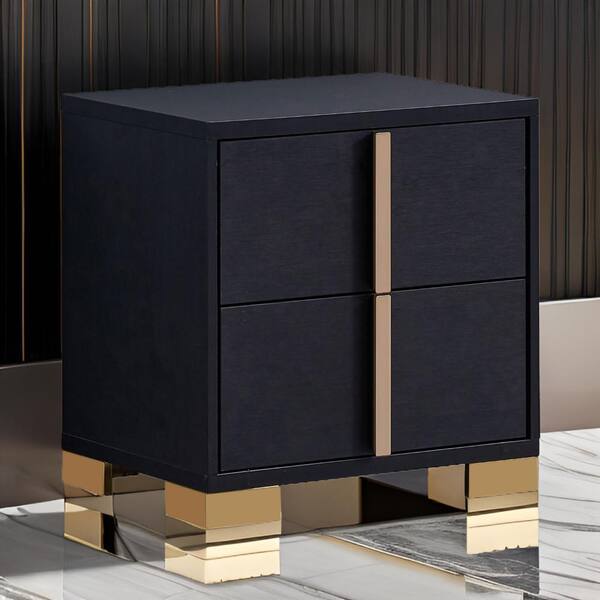 Benjara 21.75 in. Black and Gold 2-Drawers Wooden Nightstand