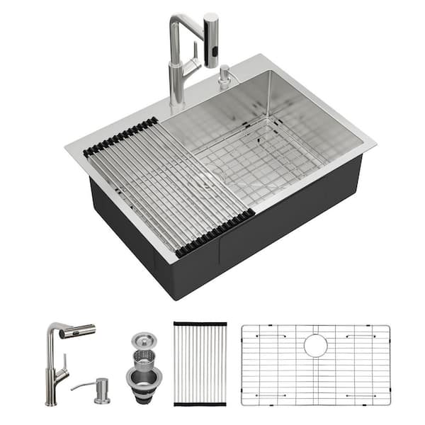 33 in. Drop-in Single Bowl 16-Gauge Stainless Steel Brushed Kitchen Sink with Pull Down Faucet and Bottom Grid