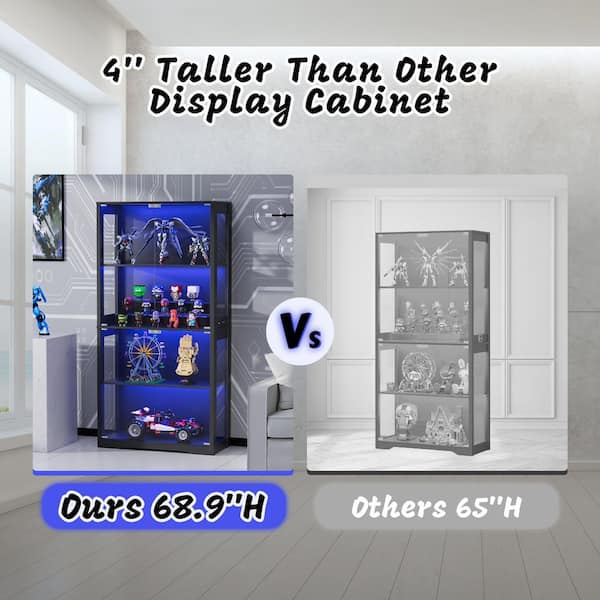 68.9 in. H x 14 in. W Black 4-Tier Display Cabinet with Tempered Glass Door and 3-Color Sensor Lights