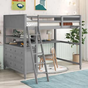 Full Size Loft Bed with Drawers and Desk, Wooden Loft Bed with Shelves - Gray