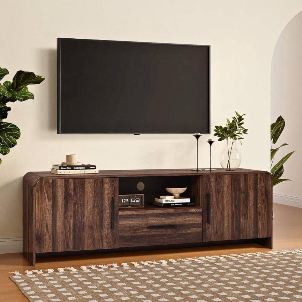 LuxenHome Mid-Century Walnut Finish MDF 2-Door 1-Drawer TV Console