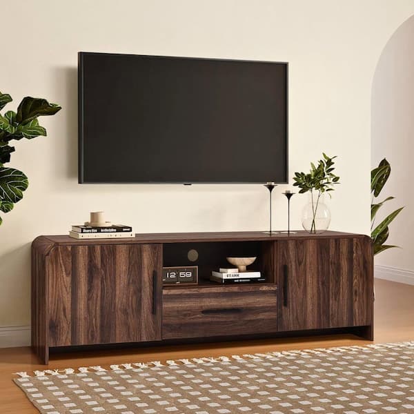 LuxenHome Mid-Century Walnut Finish MDF 2-Door 1-Drawer TV Console