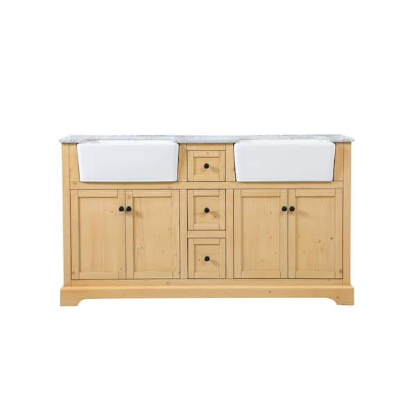 Unbranded Timeless Home 60 in. W x 22 in. D x 34.75 in. H Double Bathroom Vanity Side Cabinet in Natural Wood with Marble Top