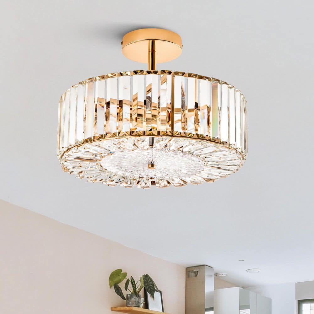 15 in. 4-Light Drum Gloss Gold Crystal Semi Flush Mount Ceiling Light With Clear Glass Shade for Living Room price history on PriceWatchPro