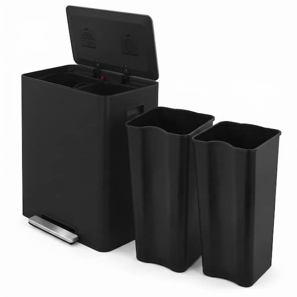 16 gal. Stainless Steel Step-on Indoor Recycling Bin with Dual 8 gal. + 8 gal. Compartments for Kitchen, Black