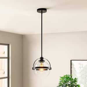 1-Light Matte Black Farmhouse Globe Clear Glass Hanging Pendant Light