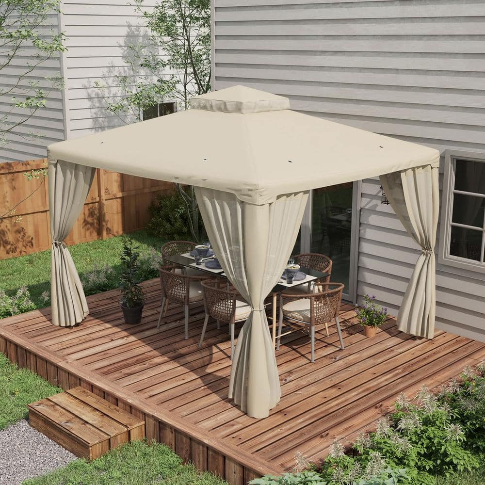 Cream White Steel Frame Patio Gazebo with Mesh Walls