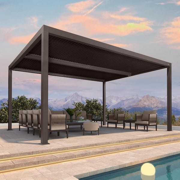 12 ft. x 16 ft. Bronze Aluminum Frame Patio Hardtop Louvered Pergola with Adjustable Sunshade Roofs and In-Built Gutter