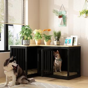 Black Dog Crate Furniture for 2 Dogs, Wooden Double Dog Kennel Corner Dog House with Dividers Perfect for Limited Room