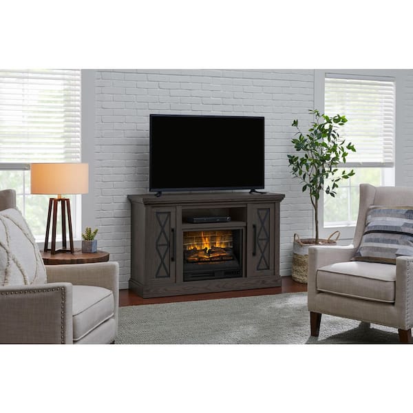 StyleWell Concours 54 in. Freestanding Electric Fireplace TV Stand in Warm Gray with Charcoal Oak Grain