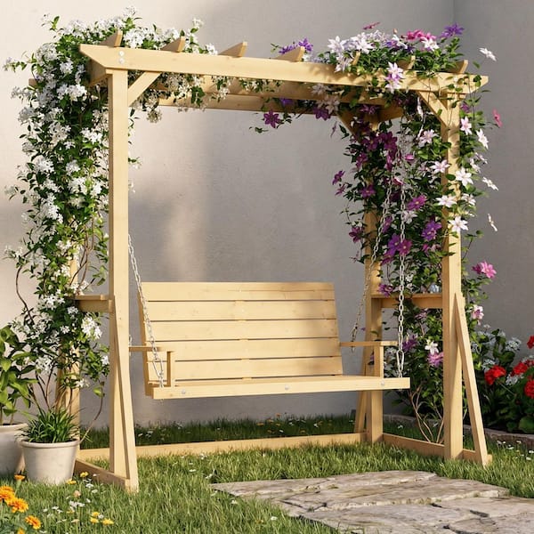 53 in. 2-Person Cedar Wood Patio Swing with Pergola Canopy and Galvanized Chains for Backyard Porch Garden Poolside