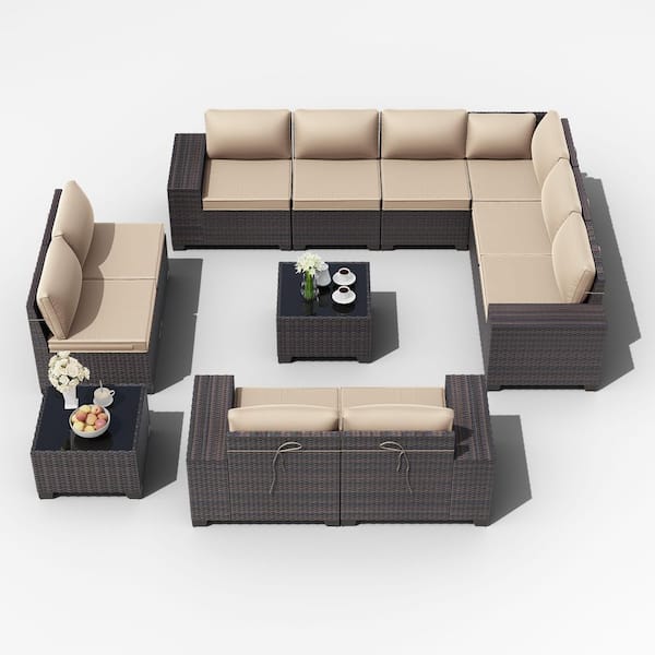 12-Piece Brown Wicker Outdoor Sectional Set with Glass Coffee Table and Sand Cushions, Patio Chat