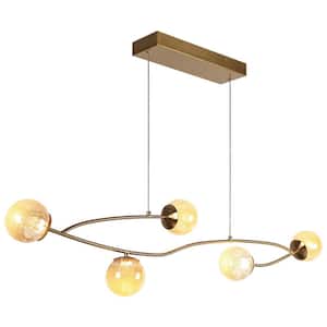 Cenlindes 5-Light Dimmable Integrated LED Plating Brass Branch Chandelier with Gold Crackle Glass and No Bulb Included
