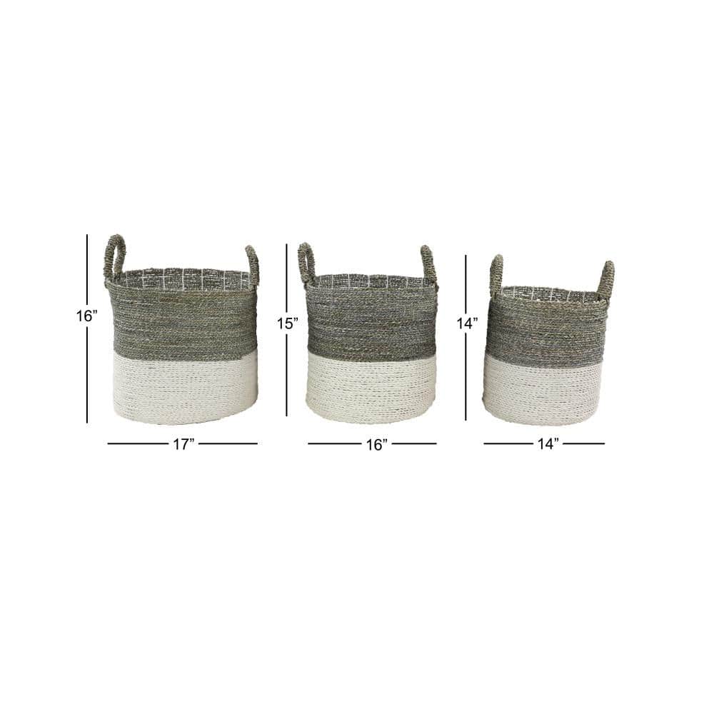 Coastal Charm White and Natural Seagrass Round Storage Baskets, Set of 3