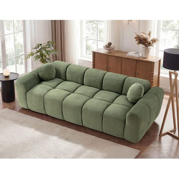 Merrick Oversized 98.4 in. Round Arm Bubble Puff Corduroy Rectangle Compressed Sofa in Green with 2 Pillows
