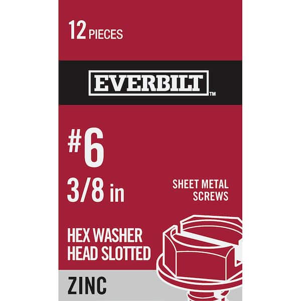 Everbilt #6 x 3/8 in. Zinc Plated Slotted Hex Head Sheet Metal Screw (12-Pack)