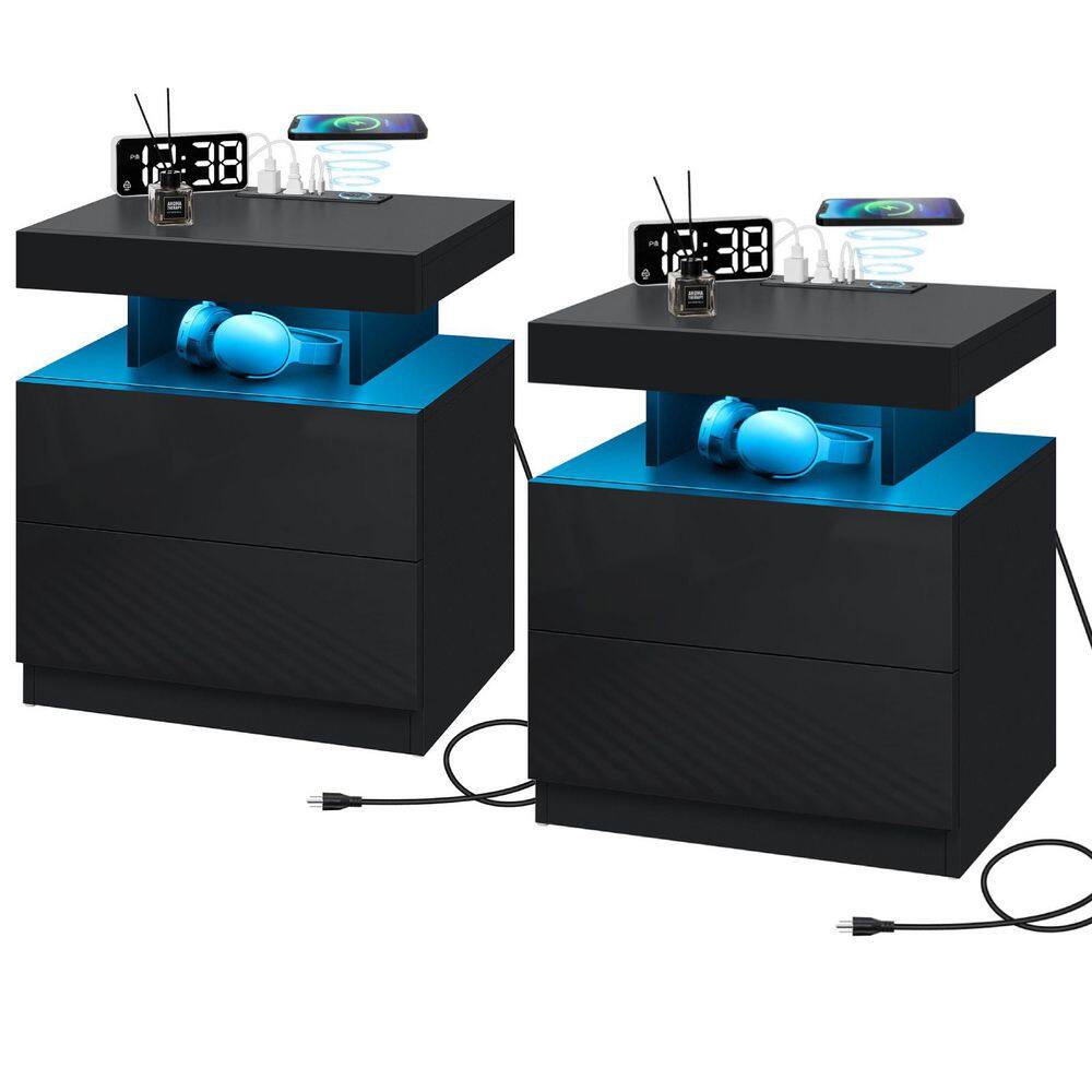 Modern Black 2-Drawers 19.7 in. W x 22.83 in. H x 15.8 in. D Nightstand with Wireless Charger and LED Light (Set of 2) price history on PriceWatchPro