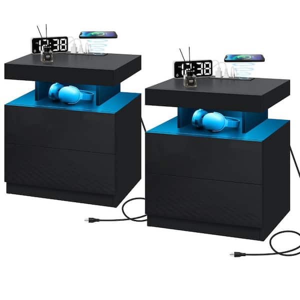 Modern Black 2-Drawers 19.7 in. W x 22.83 in. H x 15.8 in. D Nightstand with Wireless Charger and LED Light (Set of 2)