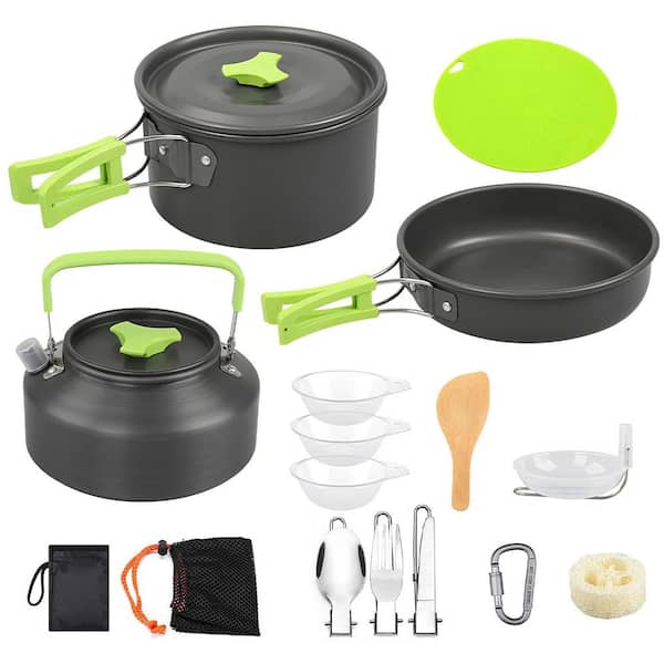Unbranded Aluminum Camping Cookware Kit, Kettle with Bowls Knife Fork Spoon Carabiner Spatula Cutting Board for Outdoor (16-Pack)