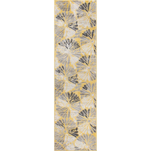 World Rug Gallery Yellow 2 ft. x 7 ft. Contemporary Circles   Runner Rug