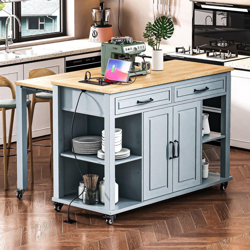 Blue Wood 47.2 in. Kitchen Island with Extendable Dining Table and ...