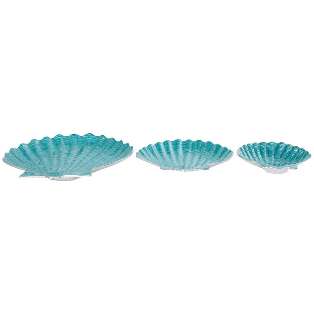 Litton Lane Teal Handmade in Aluminum Metal Shell Textured Enameled Decorative Bowl with Silver Base (Set of 3)