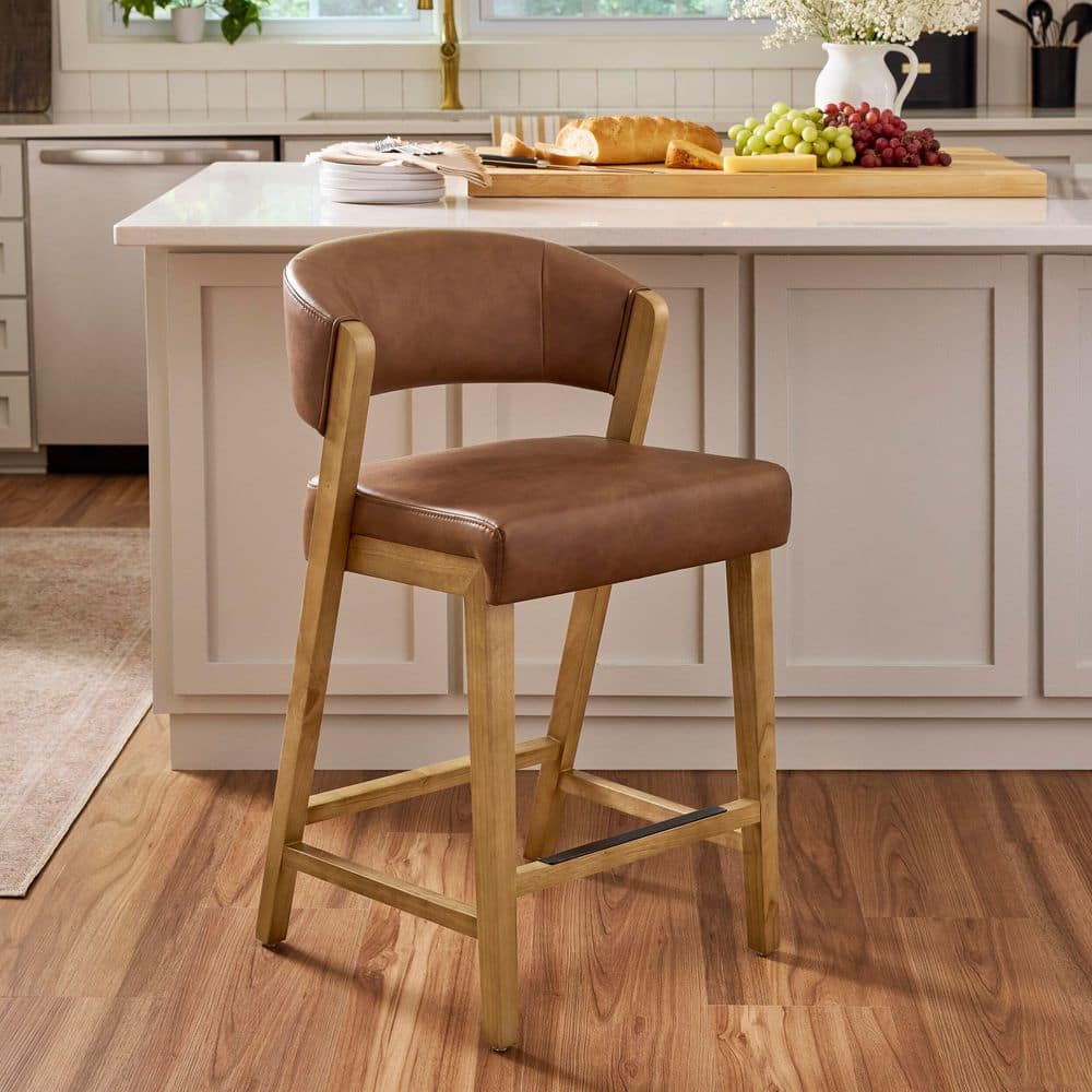Dunbar 26 in. Camel Color High Back Counter Stool with Faux Leather Seat an