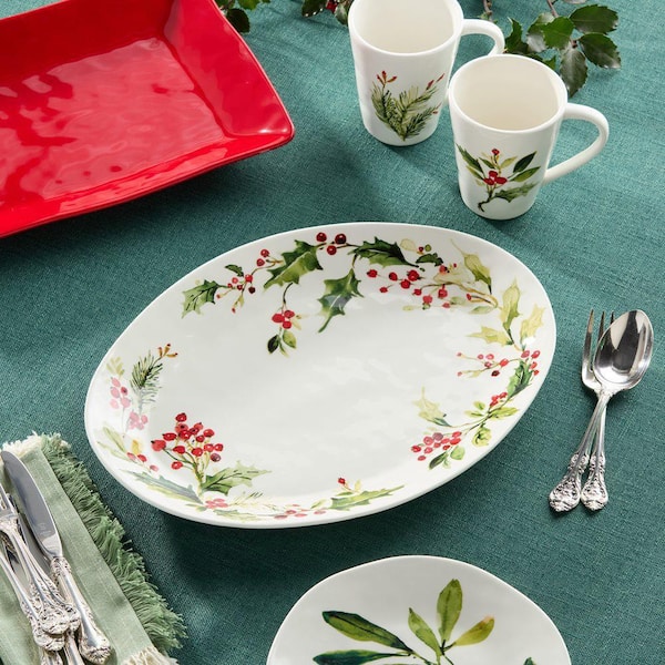 Holly And Vines 16 in. Oval Assorted Colors Stoneware Platter