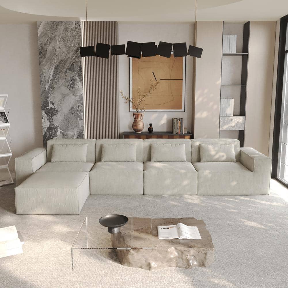 149.6 in. Corduroy Square Arm Modular 5-piece Corner Sectional Sofa in Beige with Ottoman