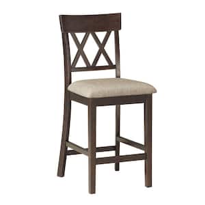 25.5 in. Brown Low Back Wood Frame Counter Height Stool Chair with Fabric Seat (Set of 2)