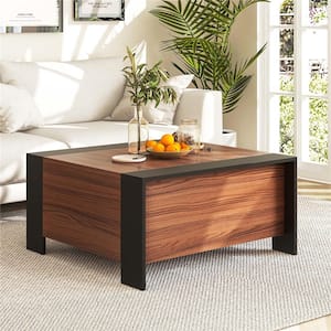 36.5 in. Rustic Brown Square Particle Board Top Coffee Table Cocktail Tea Table with Sliding Top & Hidden Compartment