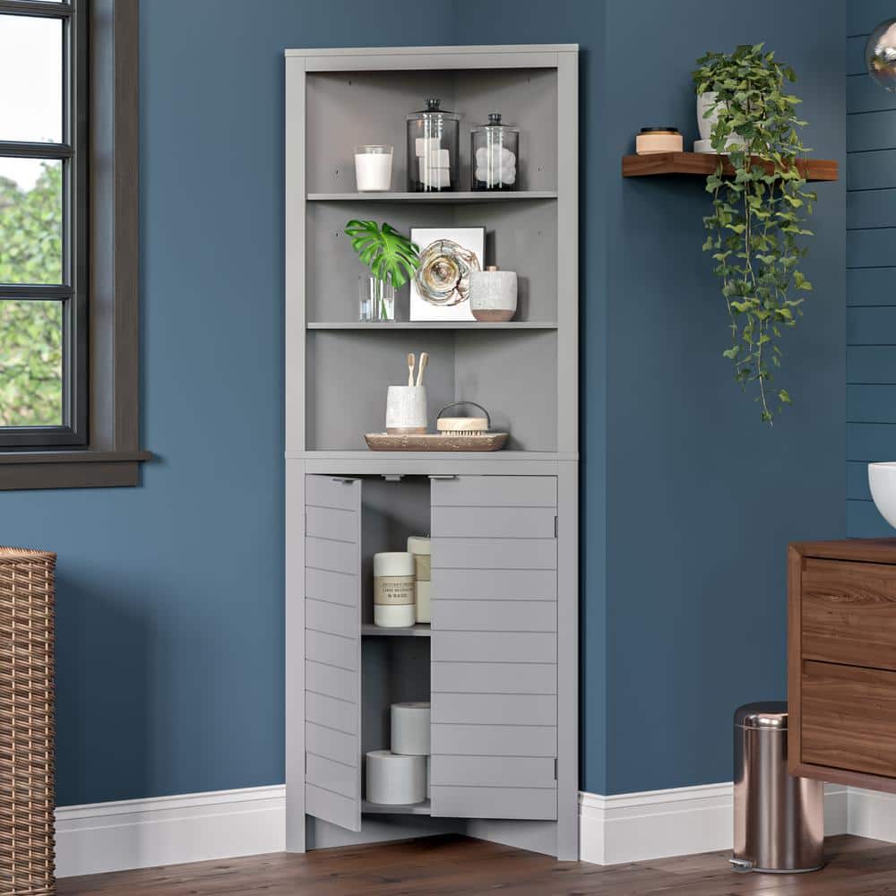 Gray Tall Corner Bathroom Storage Cabinet with Adjustable Shelving