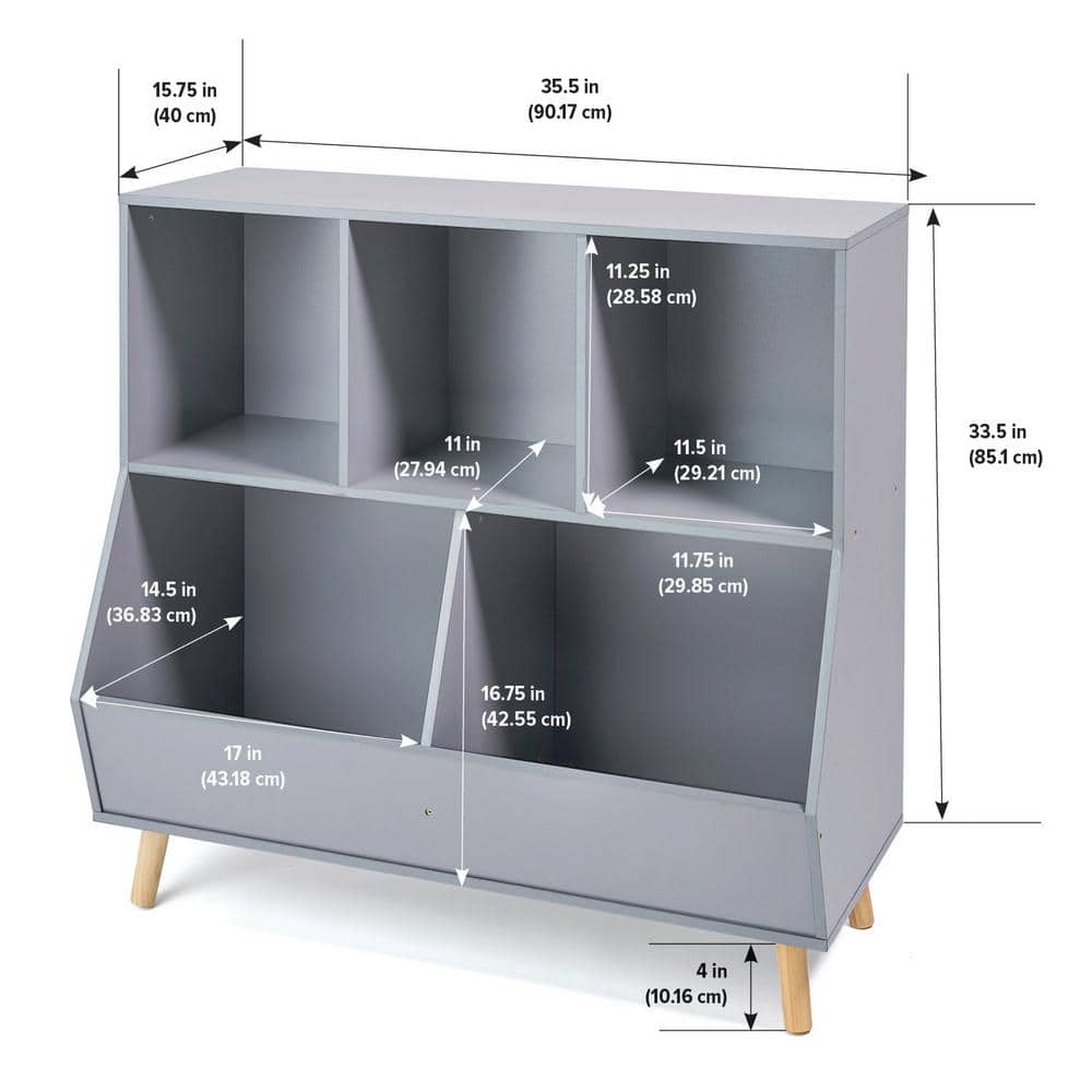 Gray Wooden 5-Bin Kids Toy Storage Organizer with Feet