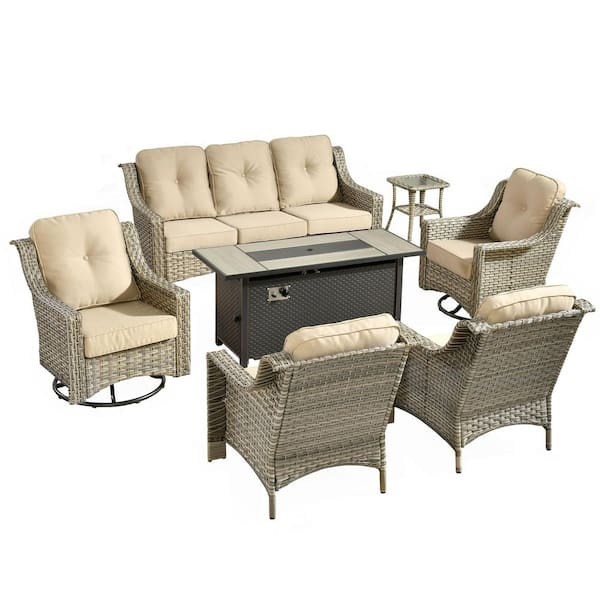 Cherry 7-Piece Wicker Outdoor Fire Pit Furniture Patio Conversation Sofa Set with Swivel Chairs and Beige Cushions