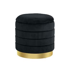 17 in. Modern Black Velvet Fabric Round Upholstered Ottoman with Storage Foot Rest Ottoman Furniture Metal Small Stool