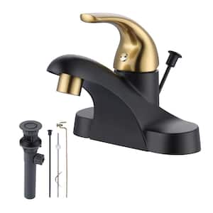4 in. Center Set Single Handle Low Arc Bathroom Faucet with Drain Kit Included in Black and Gold