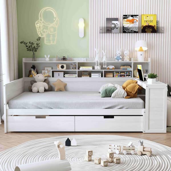 Antique White Full Daybed with Storage Shelves, 2 Storage Drawers and Study Desk