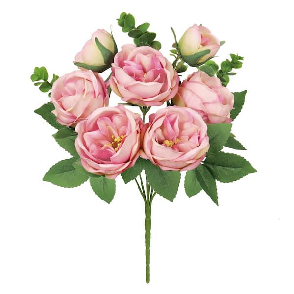LIVING LUXURY 13 in. Rose Pink Artificial Cabbage Rose Flower Stem Bush Bouquet (Set of 4)