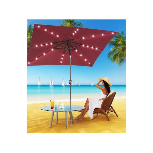 7 foot solar patio umbrella 7 ft. Outdoor Steel Solar Tiltable Patio Umbrella in Red with LED Lights UV  Resistant, for Beach Poolside and Backyard YGTP388837