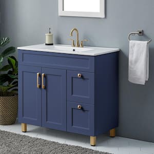 35.4 in. W x 17.5 in. D x 32.9 in. H Single Free-standing Bath Vanity in Deep Blue with White Ceramic Sink and Top