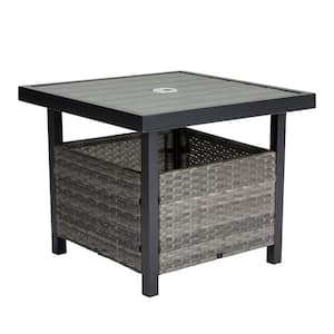 Gray Wicker Imitation Wood Outdoor Side Table with Umbrella Hole